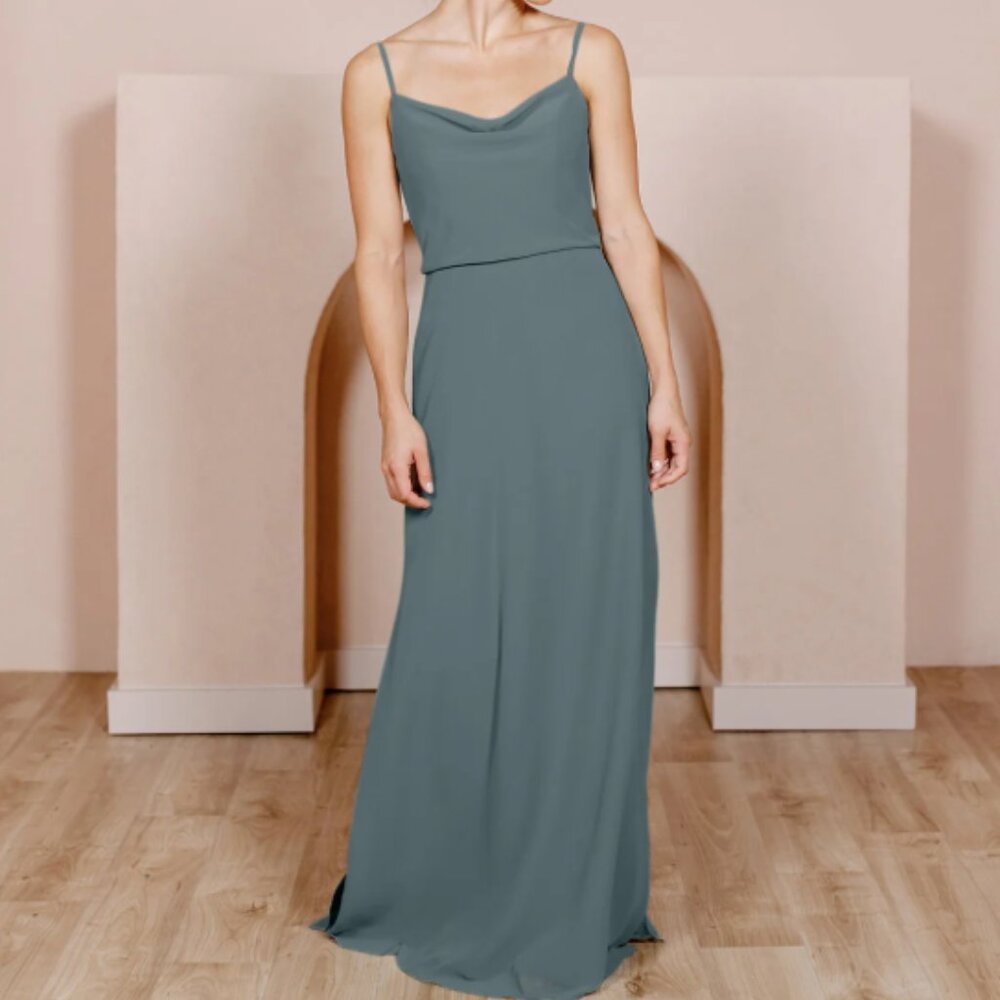REVELRY BRIDESMAID DRESS IN SIZE 4, PETITE LENGTH, BLUE GREEN CLR, SKYE CHIFFON